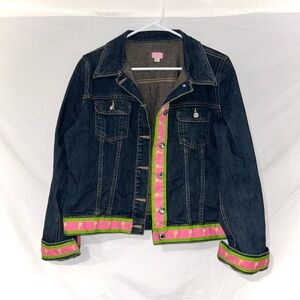 Molly B Dark Denim Jean Jacket Preppy Tropical Pink Lime Ribbon Trim Rhinestone